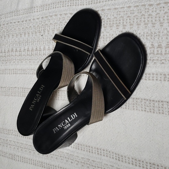 Pancaldi silver black chunky heel slip on sandals, Mini chain detail,  women's 8 - Picture 1 of 11